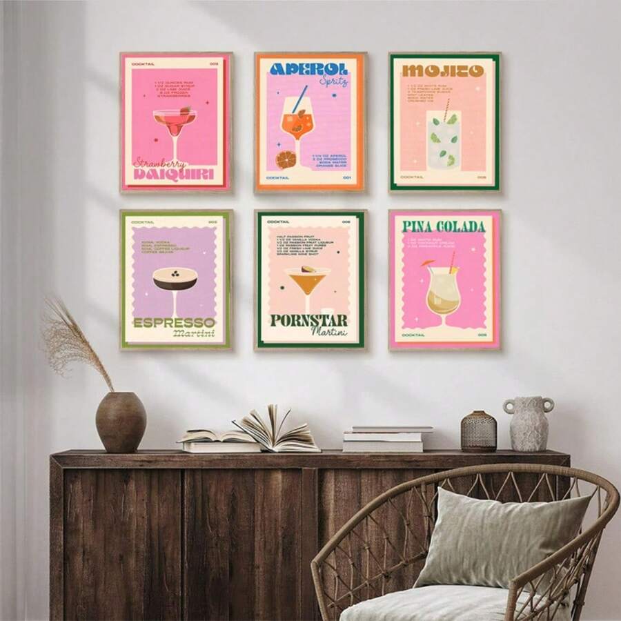 6 pièces Œuvre murale sur canevas d'art mural de boissons cocktail rétro, décoration murale de boissons colorées, peinture murale d'œuvre d'art esthétique de chambre préparatoire mignonne, pour la décoration murale du salon, de la chambre, de la salle de bain, du restaurant, du bar, du couloir, de la cuisine. Cadre en option.