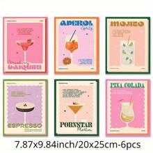 6 pièces Œuvre murale sur canevas d'art mural de boissons cocktail rétro, décoration murale de boissons colorées, peinture murale d'œuvre d'art esthétique de chambre préparatoire mignonne, pour la décoration murale du salon, de la chambre, de la salle de bain, du restaurant, du bar, du couloir, de la cuisine. Cadre en option.