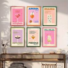 6 pièces Œuvre murale sur canevas d'art mural de boissons cocktail rétro, décoration murale de boissons colorées, peinture murale d'œuvre d'art esthétique de chambre préparatoire mignonne, pour la décoration murale du salon, de la chambre, de la salle de bain, du restaurant, du bar, du couloir, de la cuisine. Cadre en option.