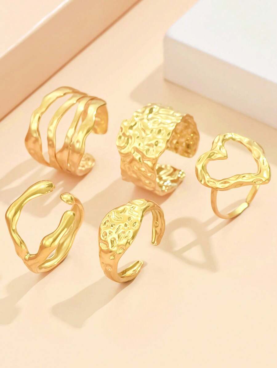 Set de 5 anillos abiertos de dedo con banda ancha texturizada, anillo de corazón elegante de acero inoxidable, accesorios de estilo barroco vintage para mujeres, adecuado para vacaciones