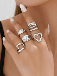 Set de 5 anillos abiertos de dedo con banda ancha texturizada, anillo de corazón elegante de acero inoxidable, accesorios de estilo barroco vintage para mujeres, adecuado para vacaciones