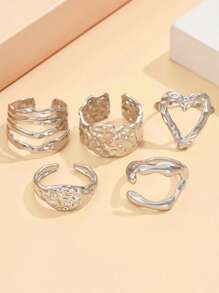 Set de 5 anillos abiertos de dedo con banda ancha texturizada, anillo de corazón elegante de acero inoxidable, accesorios de estilo barroco vintage para mujeres, adecuado para vacaciones