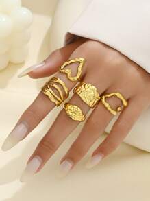 Set de 5 anillos abiertos de dedo con banda ancha texturizada, anillo de corazón elegante de acero inoxidable, accesorios de estilo barroco vintage para mujeres, adecuado para vacaciones