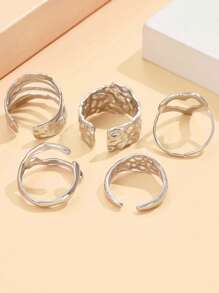 Set de 5 anillos abiertos de dedo con banda ancha texturizada, anillo de corazón elegante de acero inoxidable, accesorios de estilo barroco vintage para mujeres, adecuado para vacaciones