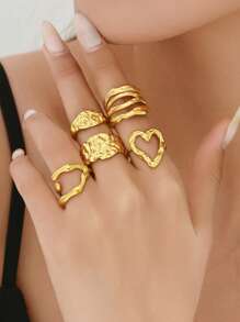 Set de 5 anillos abiertos de dedo con banda ancha texturizada, anillo de corazón elegante de acero inoxidable, accesorios de estilo barroco vintage para mujeres, adecuado para vacaciones