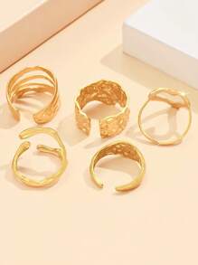 Set de 5 anillos abiertos de dedo con banda ancha texturizada, anillo de corazón elegante de acero inoxidable, accesorios de estilo barroco vintage para mujeres, adecuado para vacaciones