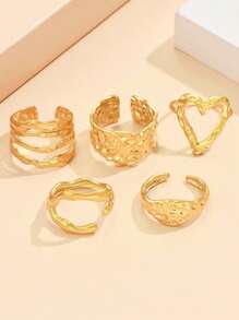 Set de 5 anillos abiertos de dedo con banda ancha texturizada, anillo de corazón elegante de acero inoxidable, accesorios de estilo barroco vintage para mujeres, adecuado para vacaciones