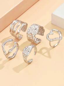 Set de 5 anillos abiertos de dedo con banda ancha texturizada, anillo de corazón elegante de acero inoxidable, accesorios de estilo barroco vintage para mujeres, adecuado para vacaciones