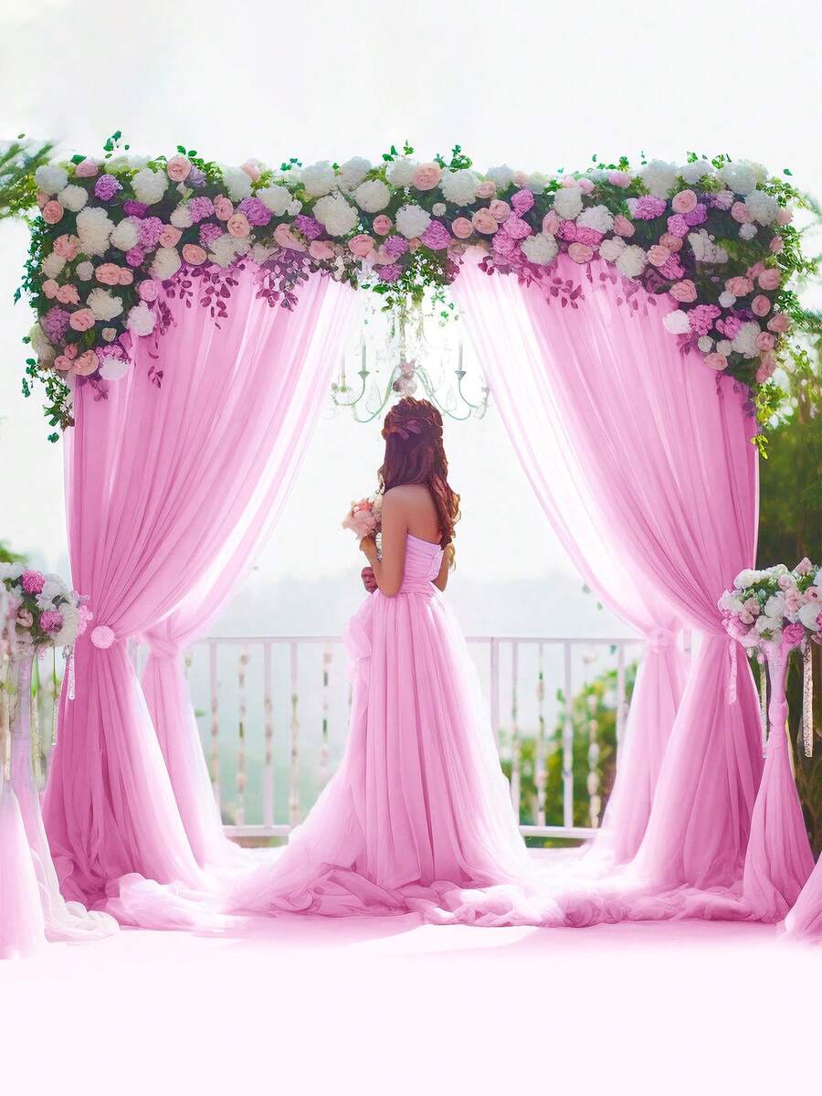1pc/2pcs-Tulle Background Curtains, Transparent Background Curtains Suitable For Birthday Parties Wedding Spring Season Parties, Photography Background Decoration(Pink),Valentine's Day Decoration, Holiday Party Photography Background Decor,Hanging Curtain Background Decor, Thanksgiving Day, Halloween, Christmas - Pink - View 1