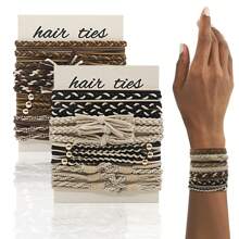 12件/套波西米亚风弹力发圈和手链，柔软简约马尾发圈，两用发饰，发绳头饰 - 彩色 - 查看 1