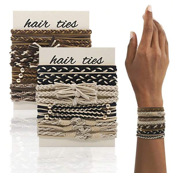 12 peças/Conjunto Elásticos de Cabelo e Pulseiras de Estilo Boêmio, Elásticos de Cabelo Minimalistas Macios para Rabo de Cavalo, Acessórios de Cabelo de Uso Duplo