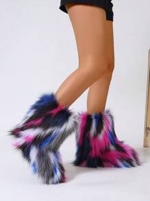 Women's Colorful Faux Fur Snow Boots, Fashionable Thick Warm Striped Fuzzy Mid-Calf Boots