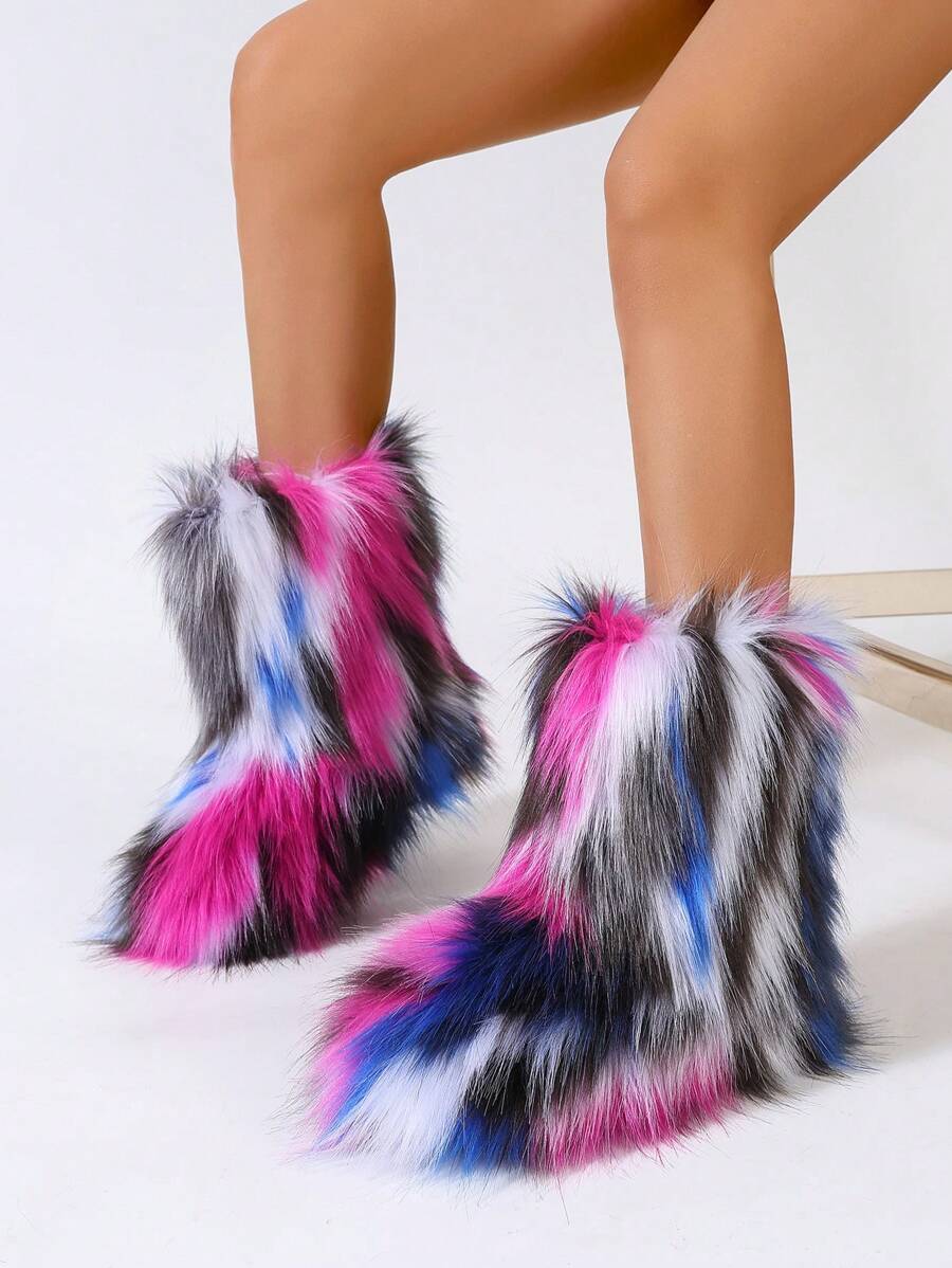 Women's Colorful Faux Fur Snow Boots, Fashionable Thick Warm Striped Fuzzy Mid-Calf Boots