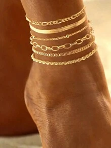 Set de 6 piezas simple estilo minimalista con pulsera de tobillo apilable con cadena delgada, estilo bohemio, set de pulsera de tobillo chapada en oro de 18 k de cobre para mujeres