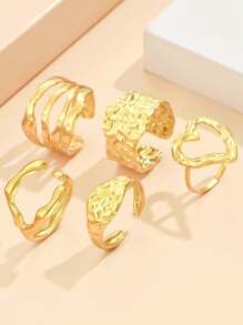 Set de 5 anillos abiertos de dedo con banda ancha texturizada, anillo de corazón elegante de acero inoxidable, accesorios de estilo barroco vintage para mujeres, adecuado para vacaciones