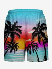 Men's Coconut Tree Gradient 3D Printed Swim Trunks, Casual Beach Shorts Without Inner Lining And Drawstring,Hawaiian - Baby Blue - View 4