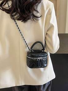 1pc Spring Summer Mini PU Leather Crossbody Bag With Diamond Pattern And Chain, Suitable For Girls Use, Can Be Used As Coin Bag - Black - View 1