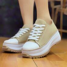 Tenis Sneakers para Dama en Color Miel con Plataforma y Agujeta - Champán - Ver 2