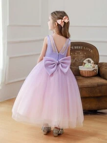 Girls' Purple & Pink Chiffon Party Dress With Big Bow Backless - Multicolor - View 4