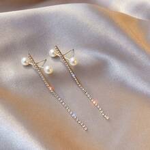 韓國精緻假珍珠流蘇長耳線幾何耳環女式閃亮耳環首飾 - 幾何 - 查看 7
