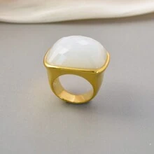 1 Peça Anel Quadrado Grande Decorado com Gemas, Banhado a Ouro 14K em Aço Inoxidável, para Homens e Mulheres, Luxuoso e Elegante