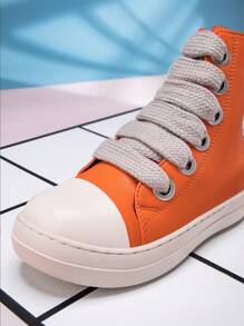 Toddler Kids Boys And Girls Lace-Up Front High Top Skate Shoes Pu Leather Sport Shoes With Side Zipper And Comfortable Soft Sole - 橘色 - 查看 6