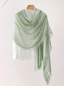 波西米亚风女士时尚简约条纹渐变皱纹流苏涤纶围巾，休闲百搭头巾防风防晒披肩配饰女式冬秋 - 彩色 - 查看 7