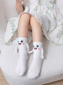 1 Pair Parent-Child Cartoon Cute Smiling Face Embroidery Matching Hand-Holding Funny Black And White Mid-Calf Socks For Kids Aged 1-8