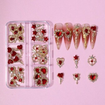 30 st 3D Nail Charms För Nail Art 3D Dekorationsset Guld Bas Nagelnubbar Färgglada Rött Hjärta Nagel Strass Kristaller Nail Art Smycken För Aktylnaglar DIY Nail Gems Nageltillbehör