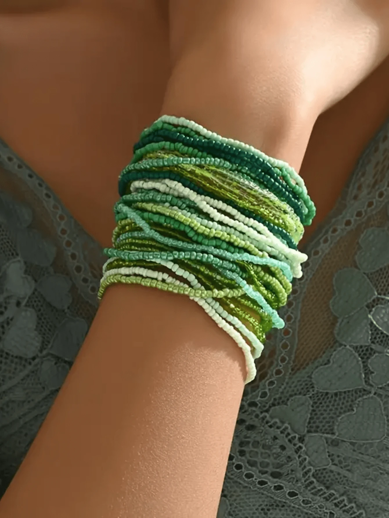 30 Chiếc Vòng Tay Đàn Hồi Cho Nữ Phong Cách Cổ Điển Bohemian, Vòng Tay Đính Cườm Co Giãn Nhiều Lớp Màu Ombre, Phụ Kiện Kỳ Nghỉ Thời Trang - màu xanh lá - Xem 1