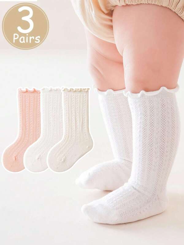 3 Pairs Of Baby Summer Mesh Breathable Mid Tube Socks That Do Not Pinch The Feet, Baby Socks With Black Fungus Edge And Loose Mouth, Solid Color Mosquito Proof Socks, Daily Life Outfit