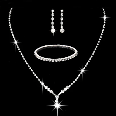 4pcs Bride Jewelry Set With Crystal Necklace, Earrings, Bracelet, And Ring, Rhinestone Wedding Bridal Jewelry Set Bridesmaid Prom Party Jewelry Set