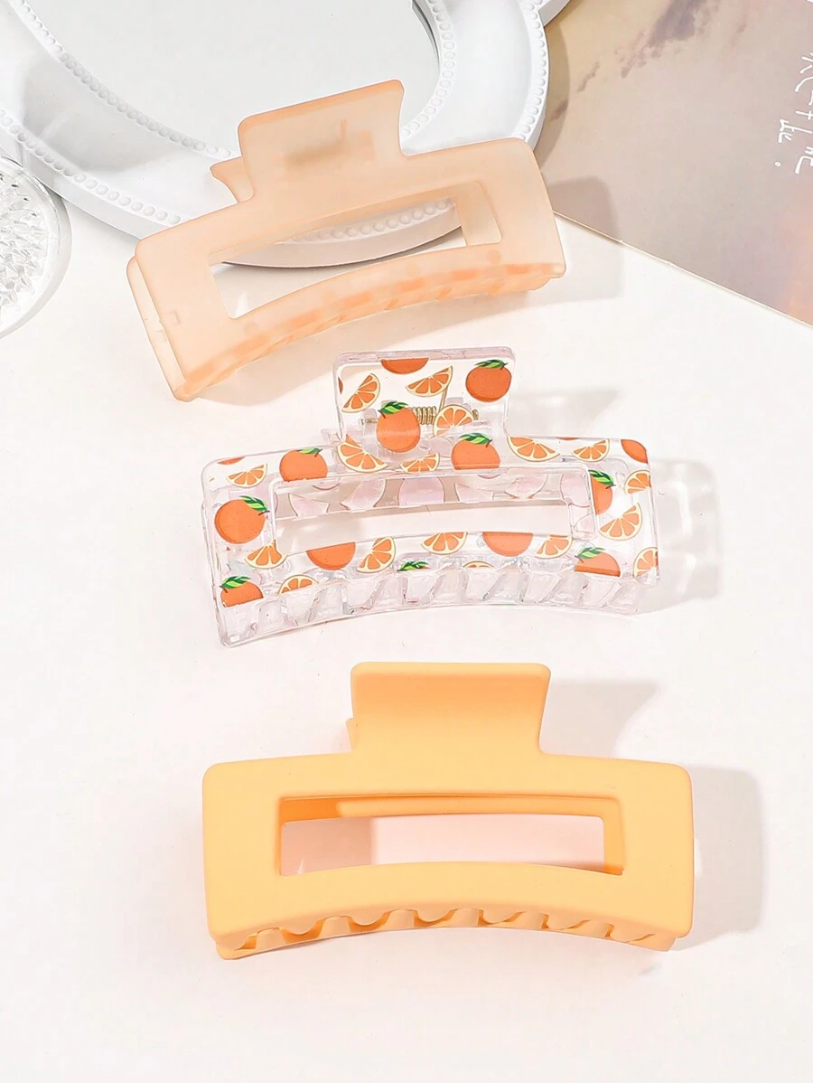 3pcs/Set Summer Orange Matte Fruit Cartoon Transparent Printed Gradient Square Hair Claw, Medium, For Parties And Cool Girls' Hairdressing Accessories,Dopamine Claw Clips Hair Clips Hair Jaw Clip Hair Clamps Hair Clutch Hair Catcher Clip Fall Winter Hair Accessories For Women For Vacation Outfits Woman