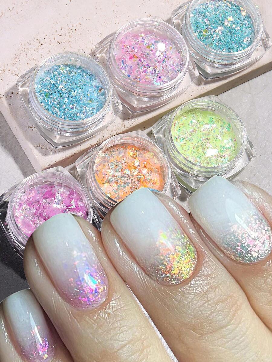 指甲片蓝粉色闪光粉水晶火片彩虹亮片金箔美甲修甲盘 - 彩色 - 查看 1