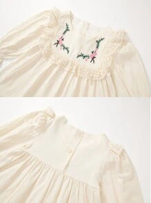 1 pièce Robe de princesse à manches longues et ourlet à volants brodés de fleurs pour jeune fille pour l'automne