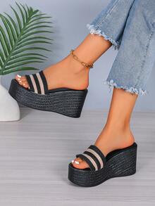 女士夏季拖鞋，韩版高跟厚底坡跟凉鞋，时尚沙滩拖鞋 - 黑色 - 查看 3