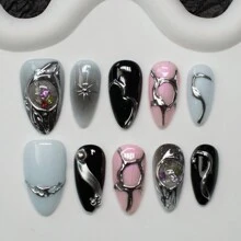 Almond-Shaped Handmade Y2K Style Press-On Nails , In Pink, Black And Blue Holographic Finish Plates With Asymmetrical Liquid Metal Patterns And Gemstone Elements Designs, Suitable For Women And Girls, Party, Dance And Daily Wear, Comes With 10 Pieces In 3 Sizes And A Tool Set. Press On Nails Nail Supplies - Multicolor - View 1