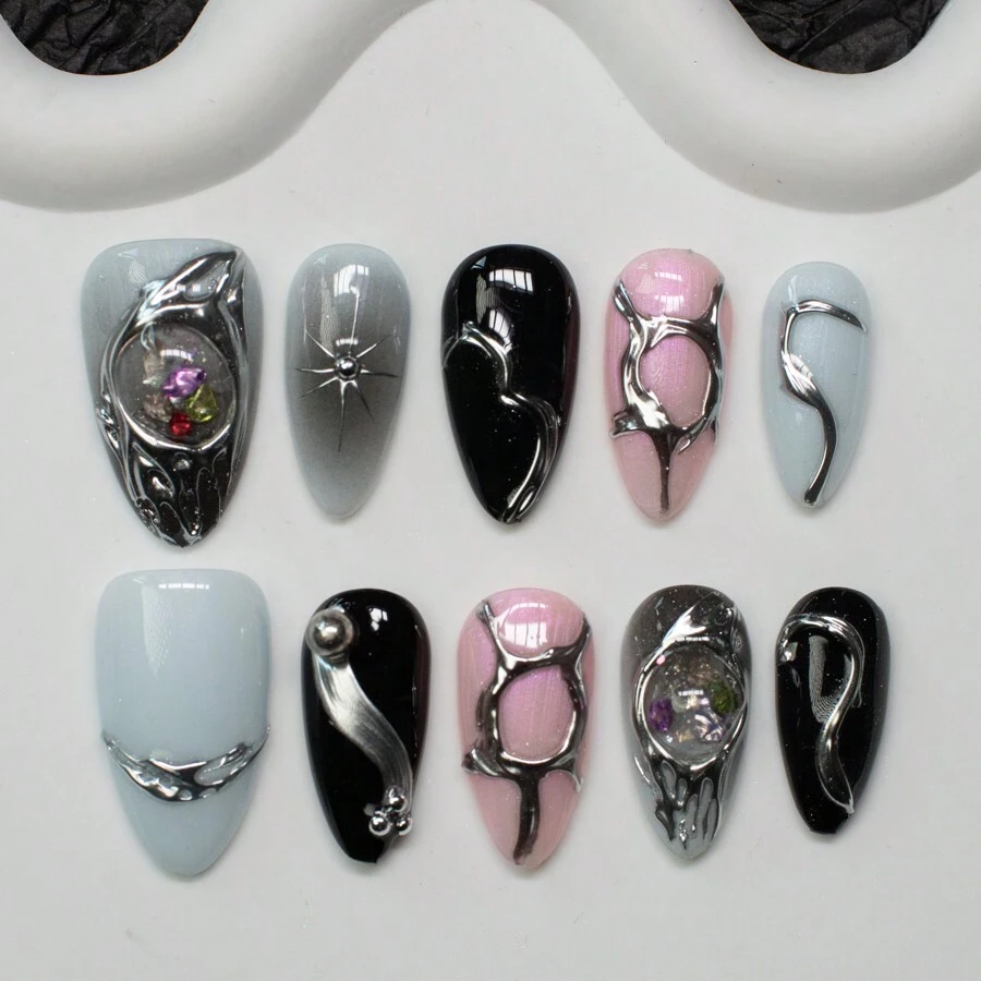 Almond-Shaped Handmade Y2K Style Press-On Nails , In Pink, Black And Blue Holographic Finish Plates With Asymmetrical Liquid Metal Patterns And Gemstone Elements Designs, Suitable For Women And Girls, Party, Dance And Daily Wear, Comes With 10 Pieces In 3 Sizes And A Tool Set. Press On Nails Nail Supplies - Multicolor - View 1