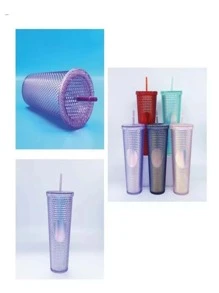 Set 3 Vasos Efecto Texturizado Diferentes Tamaños Con Popotes De Moda Colores Vibrante - Rojo - Ver 6