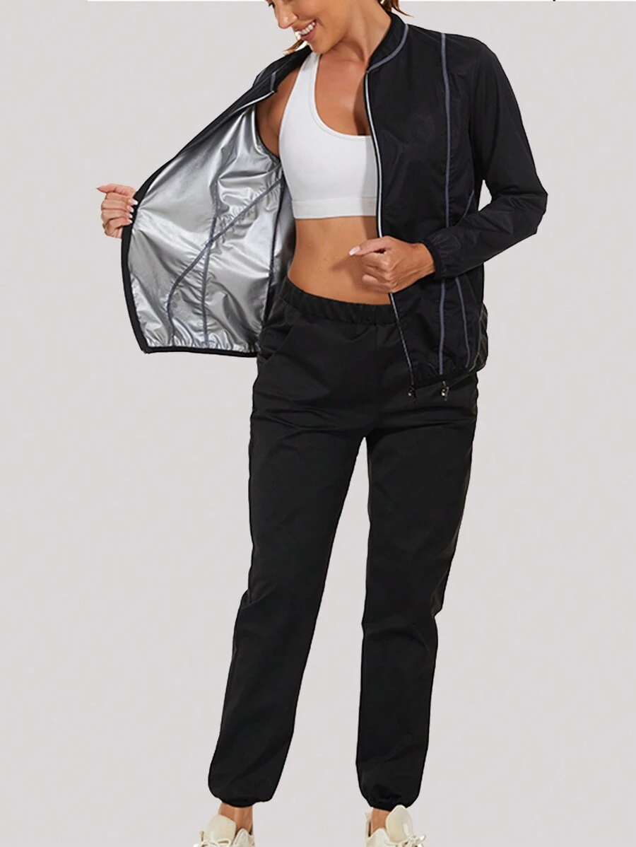 1套女士長袖連褲拉鍊設計銀膜包覆汗蒸衣套裝，適用於戶外運動、健身和跑步