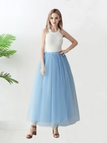 1pc Women Tulle Skirt, Available In Pink, Sky Blue, Dark Green, Blue-Gray, Black, White, Red. A-Line/ Floor-Length/ 4-Layer Mesh Skirt/ Puffy Skirt Suitable For Wedding, Party, Cosplay, Decorative Skirt, Costume, Stage Performance. - Multicolor - View 9