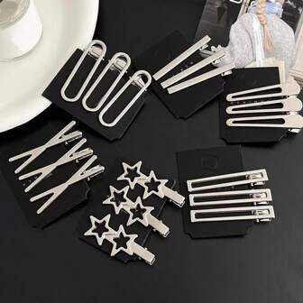 3/18/36pcs Set Women Metal Pentagram & Square Hollow Geometric Hair Clips, Minimalist Fashion Side Bangs Hair Accessories, Suitable For Daily Use Claw Clips Hair Claws Hair Barrettes, School Stuff