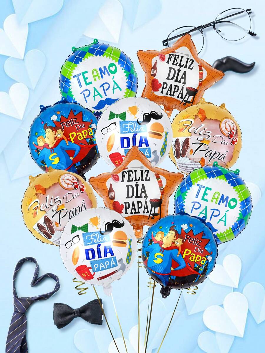Paquete de 10 globos de aluminio en español para el Día del Padre con bigote, globos en forma de súper papá y estrella, adecuados para regalo del Día del Padre y decoración de fiesta de cumpleaños para papá - Multicolor - Ver 1