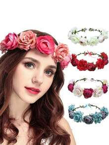 1PC Boho Simulation Rose Hairpin Holiday Wreath Hair Headband Floral Headband Flower Headband - Multicolor - View 1