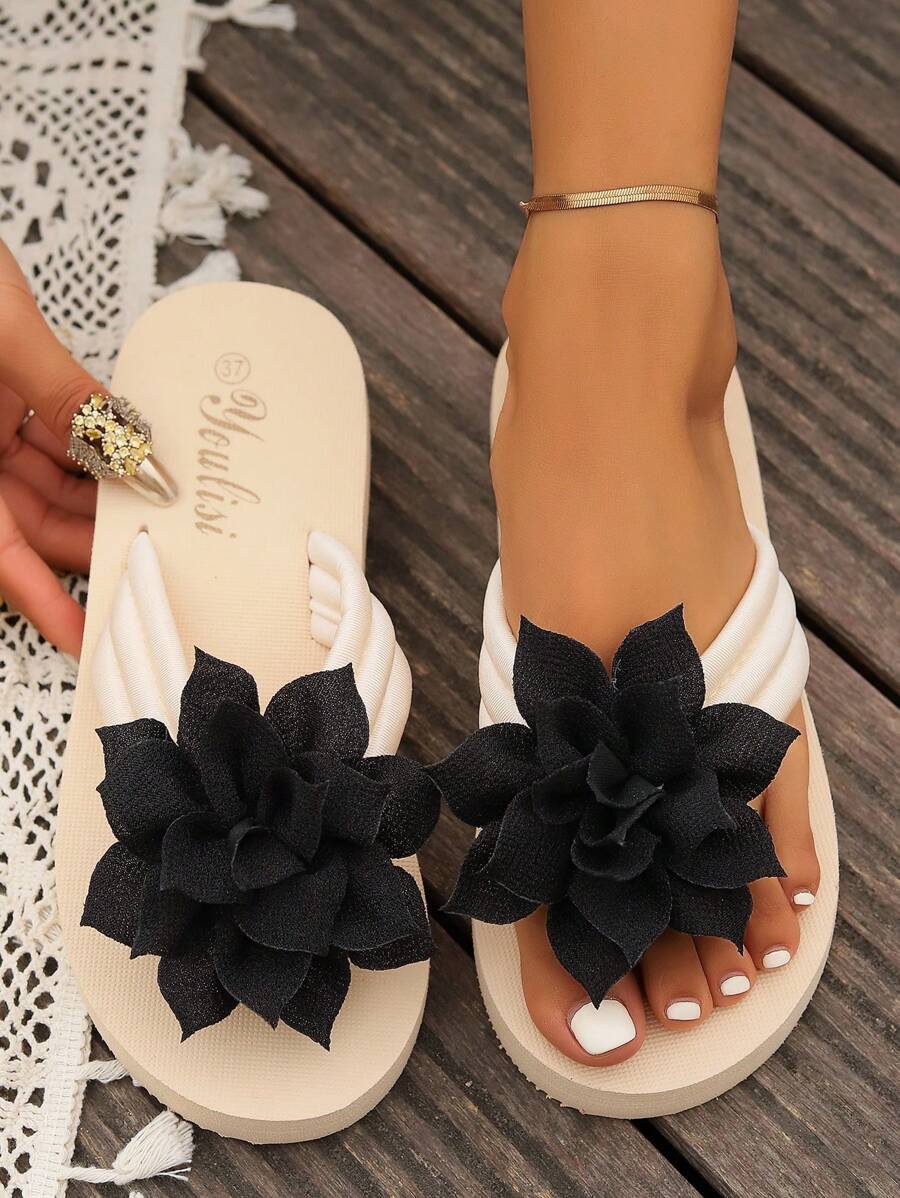 夏季新款翻盖拖鞋，楔形鞋底，輕盈舒適，帶腳趾分隔器，純色鞋面，36-45大碼，花卉沙灘拖鞋 - 黑色 - 查看 1