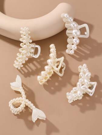 1 件女士仿珍珠心形和花朵形发夹，优雅发爪发饰，适合日常佩戴和情人节礼物