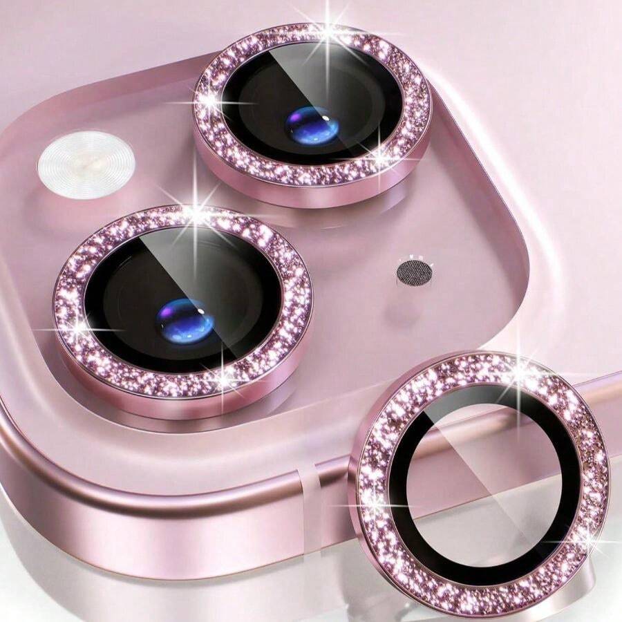 一套闪光钻石水钻相机镜头保护膜，适用于 12/12 Mini/12 Pro/12 Pro Max、 13/13 Mini/13 Pro/13 Pro Max、 11/11 Pro/11 Pro Max、 14/14 Puls/14 Pro/14 Pro Max、 15/15 Puls/15 Pro/15 Pro Max，镶嵌仿钻装饰相机盖钢化玻璃保护膜，彩色仿钻 - 淺粉色 - 查看 1