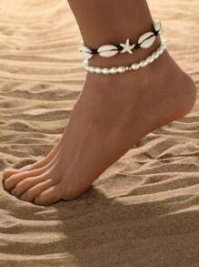 2 pezzi Bracciale alla caviglia bohémien con perle finte, conchiglie e stelle marine per donne, regalo da spiaggia