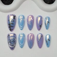 杏仁形 DIY 全息液态金属效果指甲，Y2K 时尚风格，紫色和蓝色色调，手工彩绘图案设计。10 件/套，3 种尺寸。适合女性和女孩参加派对、舞蹈和日常穿着。包括工具包。按压指甲美甲用品 - 彩色 - 查看 2