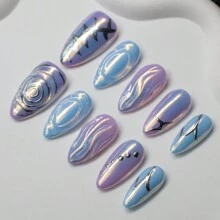 杏仁形 DIY 全息液态金属效果指甲，Y2K 时尚风格，紫色和蓝色色调，手工彩绘图案设计。10 件/套，3 种尺寸。适合女性和女孩参加派对、舞蹈和日常穿着。包括工具包。按压指甲美甲用品 - 彩色 - 查看 1